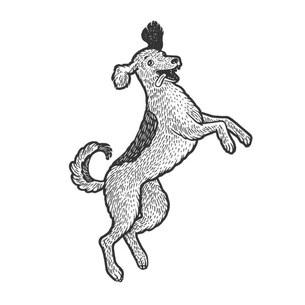 Feliz salto baile perro mascota boceto grabado vector ilustración. Diseño de estampado de ropa de camiseta. Scratch board estilo imitación. Imagen dibujada a mano en blanco y negro . — Archivo Imágenes Vectoriales