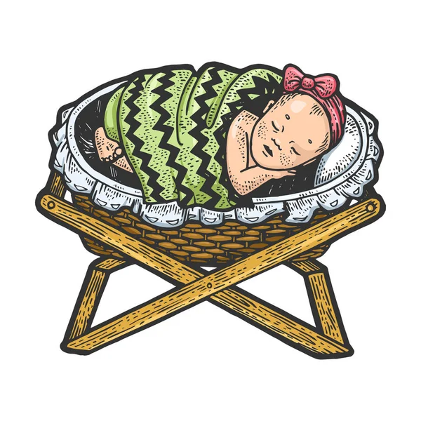 Bambino dorme nella culla schizzo incisione vettoriale illustrazione. T-shirt abbigliamento design di stampa. Imitazione del gratta e Vinci. Immagine disegnata a mano in bianco e nero . — Vettoriale Stock