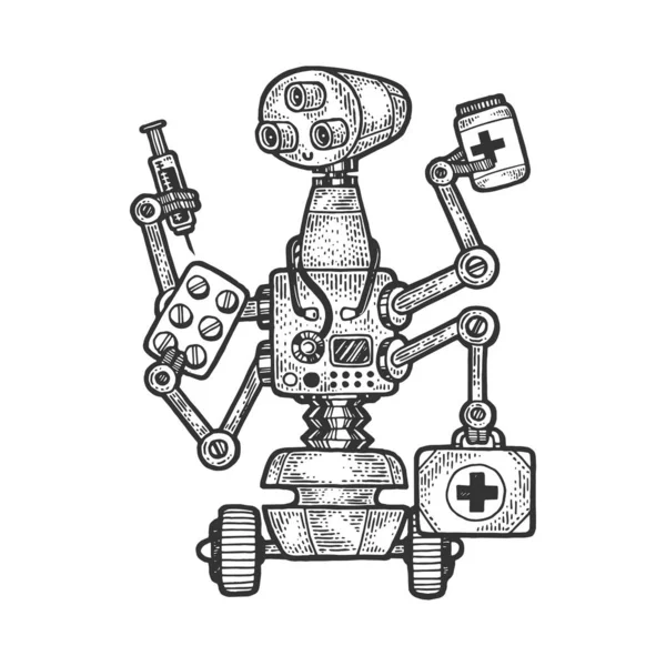 Medico medico medico robot schizzo incisione vettoriale illustrazione. T-shirt abbigliamento design di stampa. Imitazione in stile gratta e vinci. Immagine disegnata a mano in bianco e nero . — Vettoriale Stock