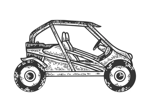 Buggy σπορ αυτοκίνητο σκίτσο χάραξη διάνυσμα εικονογράφηση. Σχεδιασμός εκτύπωσης ρούχων T-shirt. Απομίμηση χαρτονιού. Ασπρόμαυρη ζωγραφισμένη στο χέρι εικόνα. — Διανυσματικό Αρχείο