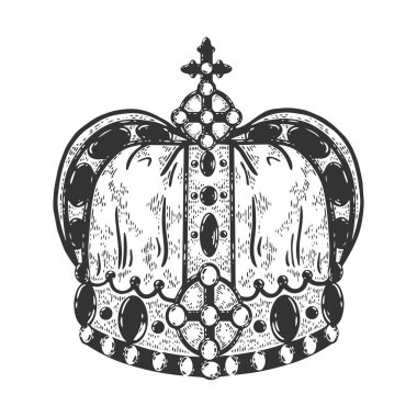 Kraliyet Taç Çizimi, kabartma vektör çizimi. Tişört giysisi baskısı tasarımı. Çizik tahtası taklidi. Siyah beyaz el çizimi resim.