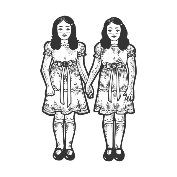 双胞胎女孩喜欢恐怖电影中的素描矢量插图. T恤服装印花设计。 刮板仿制。 黑白手绘图像. — 图库矢量图片