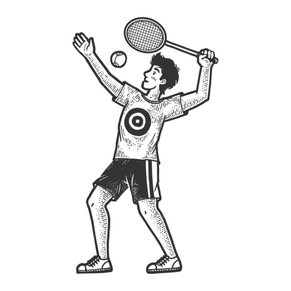 Joueur de tennis avec dessin de raquette gravure vectorielle illustration. T-shirt imprimé design. Imitation de carte à gratter. Image dessinée à la main noir et blanc . — Image vectorielle