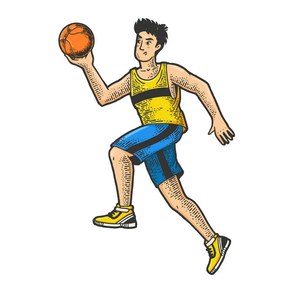 Basketbal speler met bal schets graveren vector illustratie. T-shirt kleding print ontwerp. Krasplank imitatie. Zwart en wit met de hand getekend afbeelding. — Stockvector