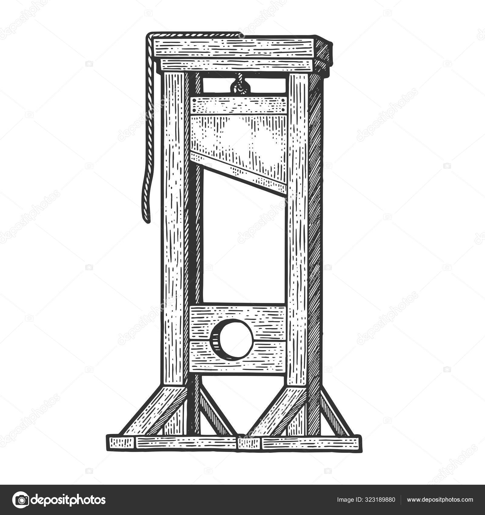 Guillotine medieval execution sketch engraving vector illustration. T ...