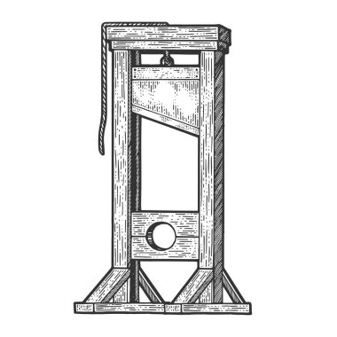 Guillotine medieval execution sketch engraving vector illustration. T-shirt apparel print design. Scratch board imitation. Black and white hand drawn image. clipart