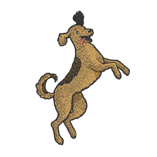 Joyeux chien dansant croquis animal de compagnie gravure vectorielle illustration. T-shirt imprimé design. Imitation de style scratch board. Image dessinée à la main noir et blanc . — Image vectorielle