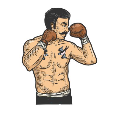 Bıyık çizimi, kabartma vektör çizimi olan klasik boksör dövüşçüsü. Tişört giysisi baskısı tasarımı. Çizik tahtası taklidi. Siyah beyaz el çizimi resim.