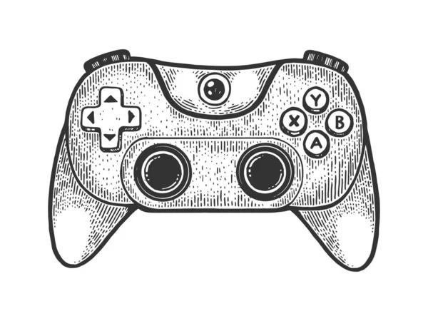 Gamepad denetleyicisi kabartma vektör çizimi. Tişört giysisi baskısı tasarımı. Tahta sitili taklit. Siyah beyaz el çizimi resim. — Stok Vektör