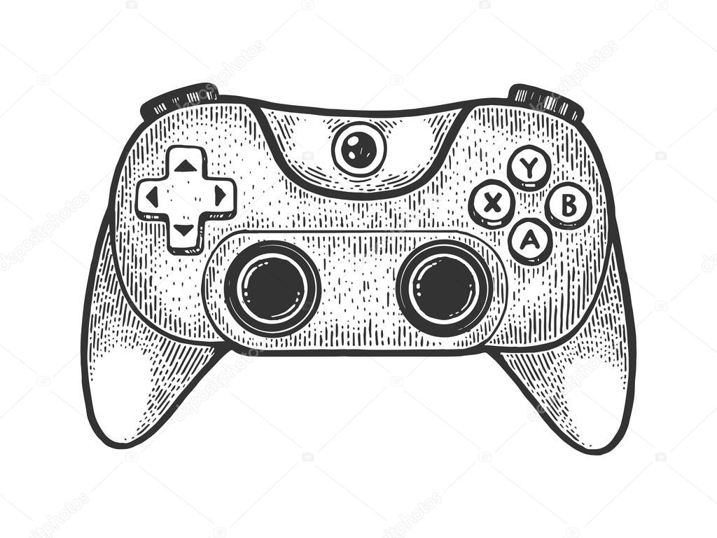 Gamepad controller sketch engraving vector illustration. T-shirt apparel print design. Scratch board style imitation. Black and white hand drawn image.