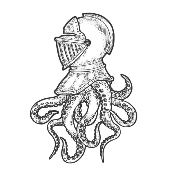 Tentáculos Octopus em medieval cavaleiro capacete esboço gravura vetor ilustração. T-shirt design de impressão de vestuário. Imitação de raspadinha. Imagem desenhada à mão preto e branco . — Vetor de Stock