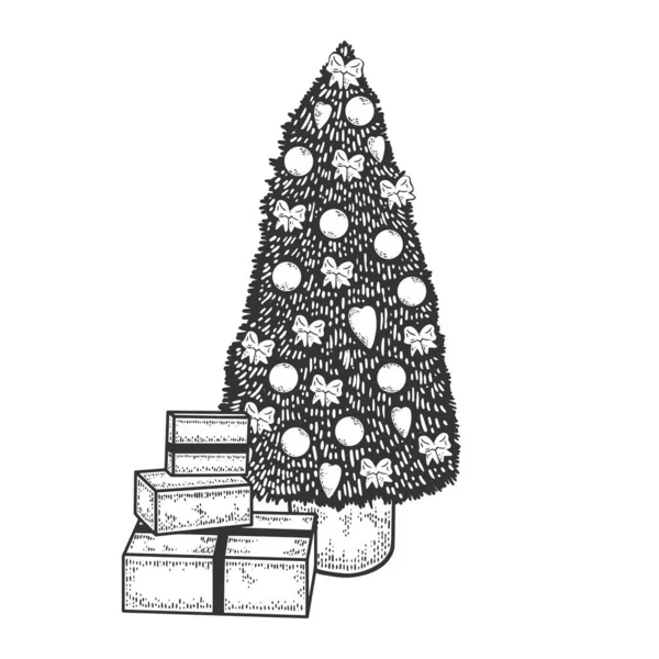 Noel ağacı ve kutuda hediyeler kabartma vektör çizimi. Tişört giysisi baskısı tasarımı. Tahta sitili taklit. Siyah beyaz el çizimi resim. — Stok Vektör