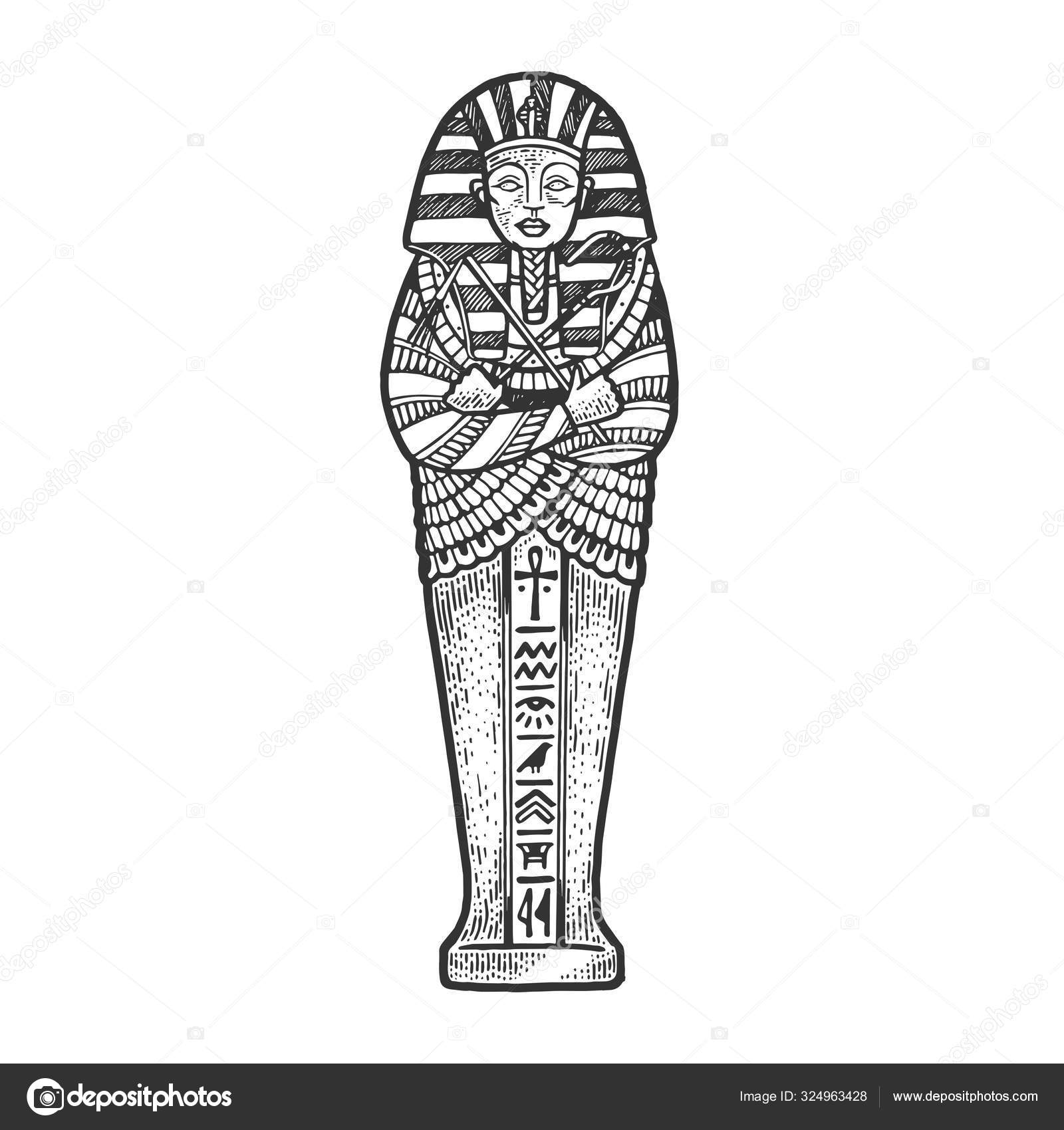 Oldtidens egyptiske sarkofag-skisse som graverte vektorillustrasjon.  Utforming av T-skjorte-antrekk. Skrapbrettetterligning. Bilde trukket av  svart og hvit hånd . stockvektor © AlexanderPokusay #324963428, image size:1600x1700