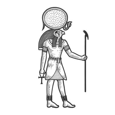 Ra Antik Mısır tanrısı güneş tanrısı kabartma vektör çizimi. Tişört giysisi baskısı tasarımı. Çizik tahtası taklidi. Siyah beyaz el çizimi resim.