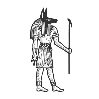 Anubis Antik Mısır İlahı ölüm tanrısı kabartma vektör çizimi. Tişört giysisi baskısı tasarımı. Çizik tahtası taklidi. Siyah beyaz el çizimi resim.