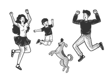 Köpek çizimi, kabartma vektör resimli mutlu zıplayan dansçı aile. Tişört giysisi baskısı tasarımı. Tahta sitili taklit. Siyah beyaz el çizimi resim.