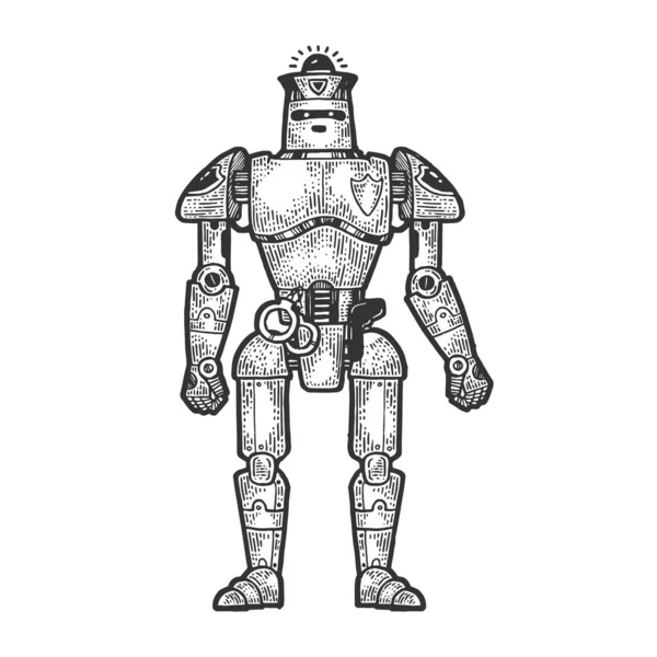 Robot policial policial esboço gravura vetor ilustração. T-shirt design de impressão de vestuário. Imitação de estilo Scratch board. Imagem desenhada à mão preto e branco . — Vetor de Stock