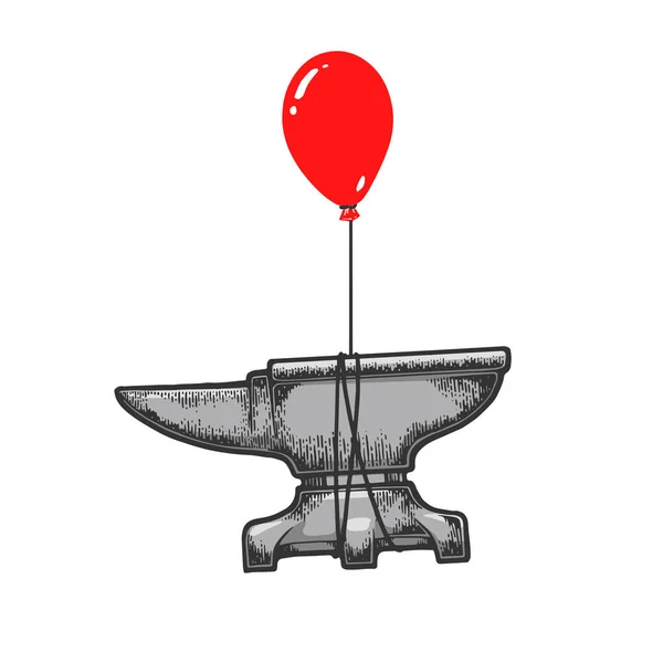 Schmied Amboss fliegt auf Luftballon Skizze Gravur Vektor Illustration. T-Shirt-Print-Design. Scratch-Board-Imitat. Handgezeichnetes Schwarz-Weiß-Bild. — Stockvektor