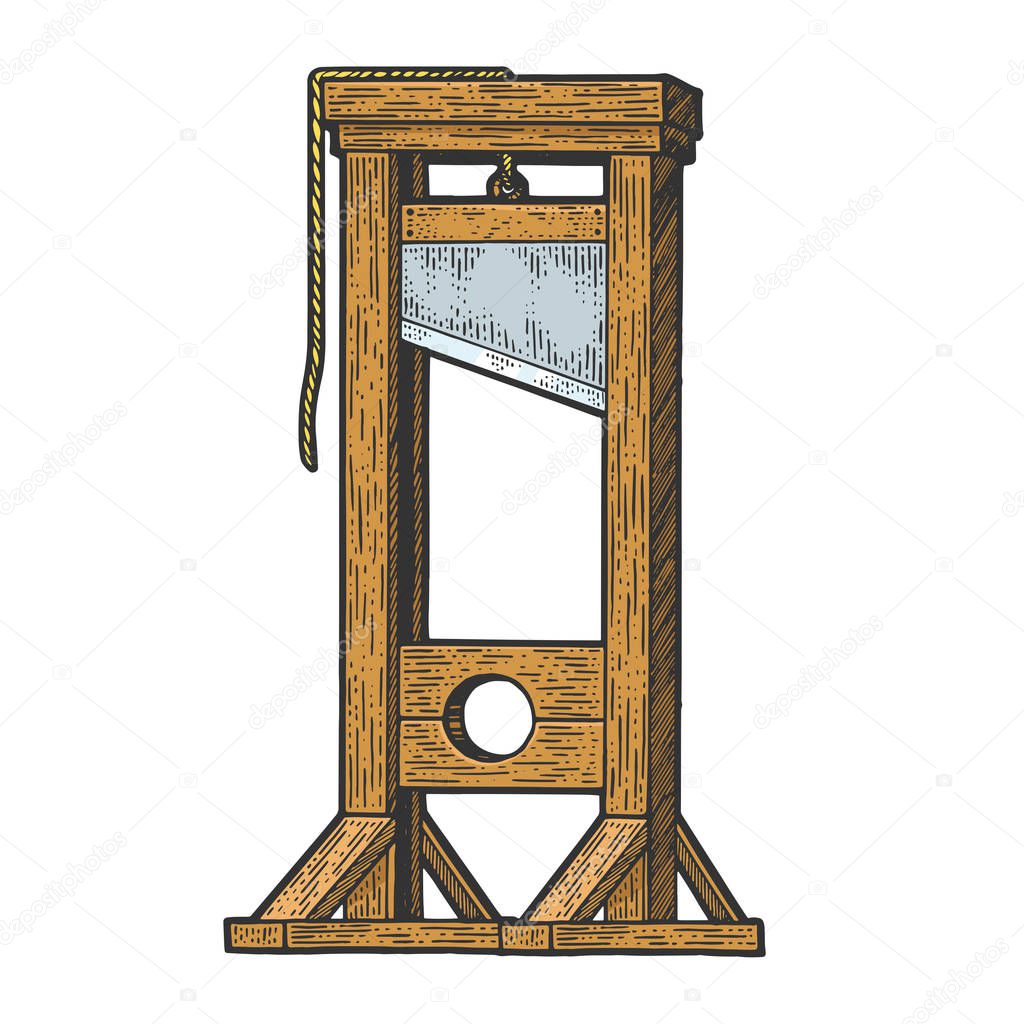 Guillotine medieval execution sketch engraving vector illustration. T-shirt apparel print design. Scratch board imitation. Black and white hand drawn image.