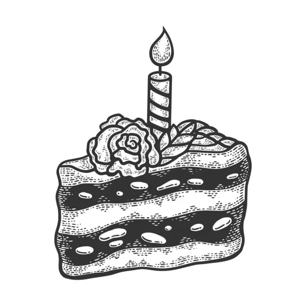 Compleanno pezzo di torta panetteria prodotto schizzo incisione vettoriale illustrazione. T-shirt abbigliamento design di stampa. Imitazione in stile gratta e vinci. Immagine disegnata a mano in bianco e nero . — Vettoriale Stock