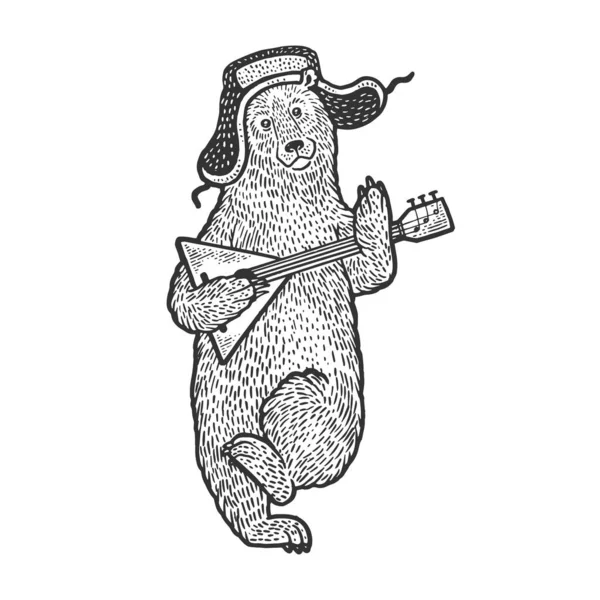 Медведь с русскими символами шляпа с ушанкой и балалайкой эскиз гравировки векторной иллюстрации. Дизайн одежды для футболок. Имитация в стиле Scratch board. Ручное изображение . — стоковый вектор
