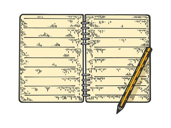 Blocco note e schizzo a matita incisione vettoriale illustrazione. Imitazione in stile gratta e vinci. Immagine disegnata a mano . — Vettoriale Stock