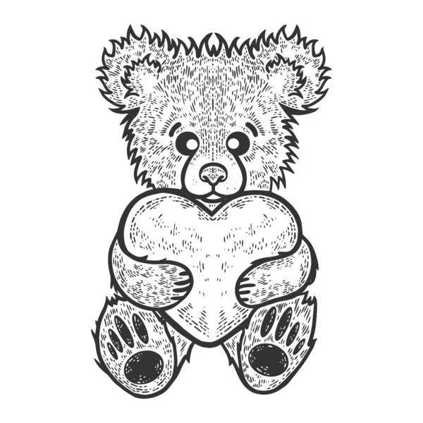 Szív Teddy maci játék vázlat gravírozás vektor illusztráció. Póló mintás ruha. Kaparós tábla stílusú utánzat. Fekete-fehér kézzel rajzolt kép. — Stock Vector