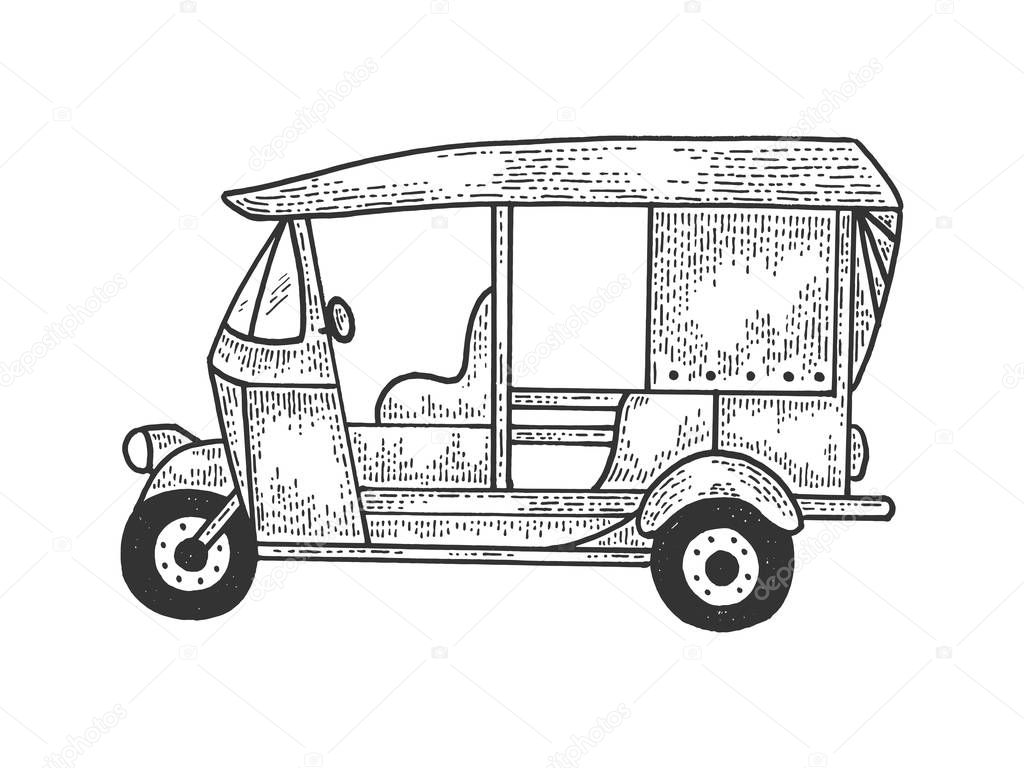 Auto rickshaw tuk-tuk transport sketch engraving vector illustration. T-shirt apparel print design. Scratch board style imitation. Black and white hand drawn image.