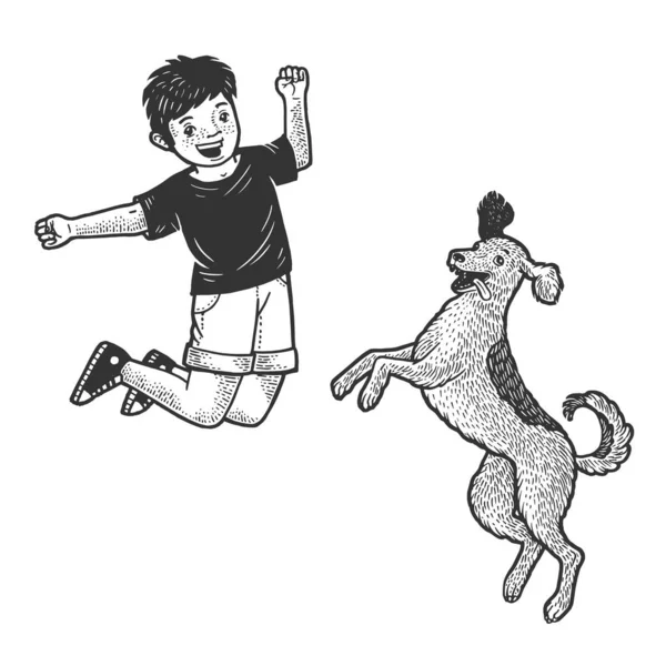 快乐跳跃男孩与宠物狗素描矢量插图。 T恤服装印花设计。 刮板风格仿制. 黑白手绘图像. — 图库矢量图片