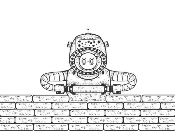 Robot constructor boceto grabado vector ilustración. Diseño de estampado de ropa de camiseta. Scratch board estilo imitación. Imagen dibujada a mano en blanco y negro . — Vector de stock