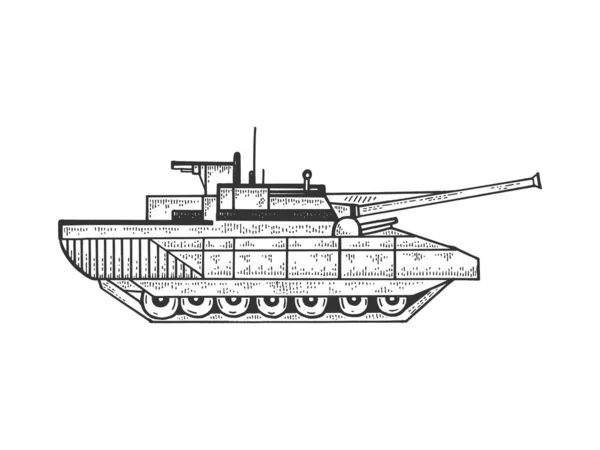 Tank çizimi, kabartma vektör çizimi. Tişört giysisi baskısı tasarımı. Tahta sitili taklit. Siyah beyaz el çizimi resim. — Stok Vektör