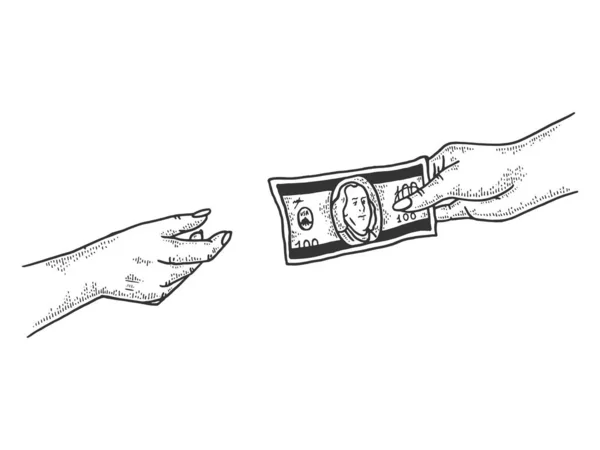 Ruka dává dolarové peníze nákres ryté vektorové ilustrace. Napodobení stylu pomocné desky. Obrázek nakreslený Černobíle-bílá ruka. — Stockový vektor