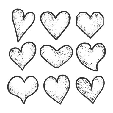 Heart symbol set sketch engraving vector illustration. Romantic love lovesickness symbol. T-shirt apparel print design. Scratch board imitation. Black and white hand drawn image. clipart