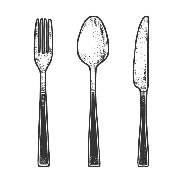 Cutlery 설정 포크 칼 스푼 스케치 벡터 삽화를 조각. 티셔츠 의류 인쇄 디자인. 작은 게시판 모방. 손으로 그린 흑백 그림. — 스톡 벡터