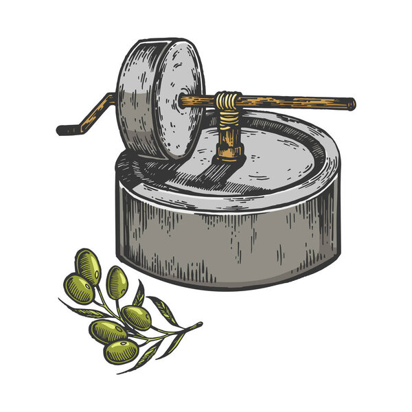 Ancient olive oil press sketch engraving vector illustration. T-shirt apparel print design. Scratch board imitation. Black and white hand drawn image.