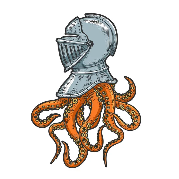 Octopus tentakels in middeleeuwse ridderhelm schets graveren vector illustratie. T-shirt kleding print ontwerp. Krasplank imitatie. Zwart en wit met de hand getekend afbeelding. — Stockvector