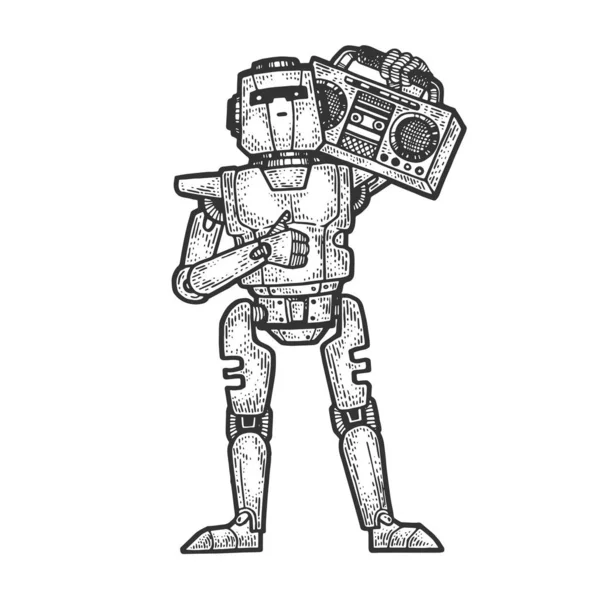 Roboter mit Boombox-Musikspieler skizziert Graviervektorillustration. T-Shirt-Print-Design. Scratch-Board-Imitat. Handgezeichnetes Schwarz-Weiß-Bild. — Stockvektor