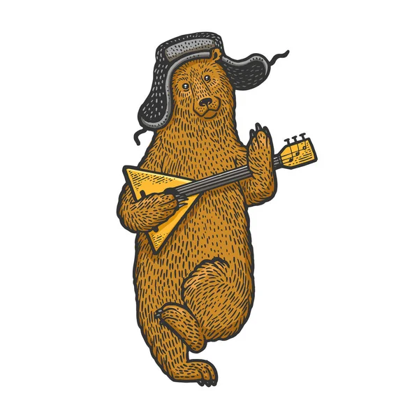 Медведь с русскими символами шляпа с ушанкой и балалайкой эскиз гравировки векторной иллюстрации. Дизайн одежды для футболок. Имитация в стиле Scratch board. Ручное изображение . — стоковый вектор