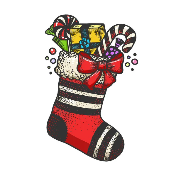 Різдвяний черевик з подарунками Ескіз гравіювання Векторні ілюстрації. Дизайн футболки для друку. Імітація стилю подряпини дошки. Чорно-біле намальоване зображення руки . — стоковий вектор
