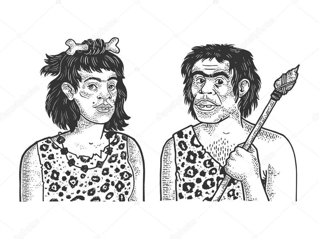 Primitive caveman human family man and woman sketch engraving vector illustration. T-shirt apparel print design. Scratch board style imitation. Black and white hand drawn image.