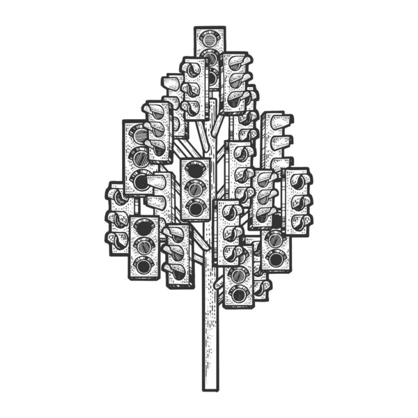 Árbol semáforo Londres monumento boceto grabado vector ilustración. Diseño de estampado de ropa de camiseta. Scratch board estilo imitación. Imagen dibujada a mano en blanco y negro . — Vector de stock