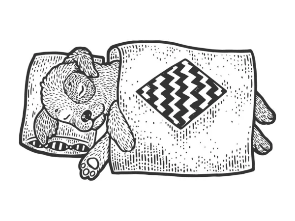 Desenhos animados engraçado cachorro dormindo desenho do cão gravura vetor ilustração. T-shirt design de impressão de vestuário. Imitação de estilo Scratch board. Imagem desenhada à mão preto e branco . —  Vetores de Stock