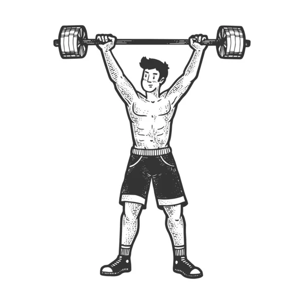 Athlete weightlifting barbell sketch engraving vector illustration. T-shirt apparel print design. Scratch board imitation. Black and white hand drawn image. — Stock Vector