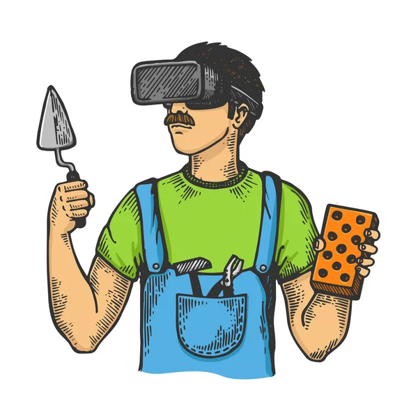 Construtor em realidade virtual capacete esboço gravura vetor ilustração. T-shirt design de impressão de vestuário. Imitação de raspadinha. Imagem desenhada à mão preto e branco . — Vetor de Stock