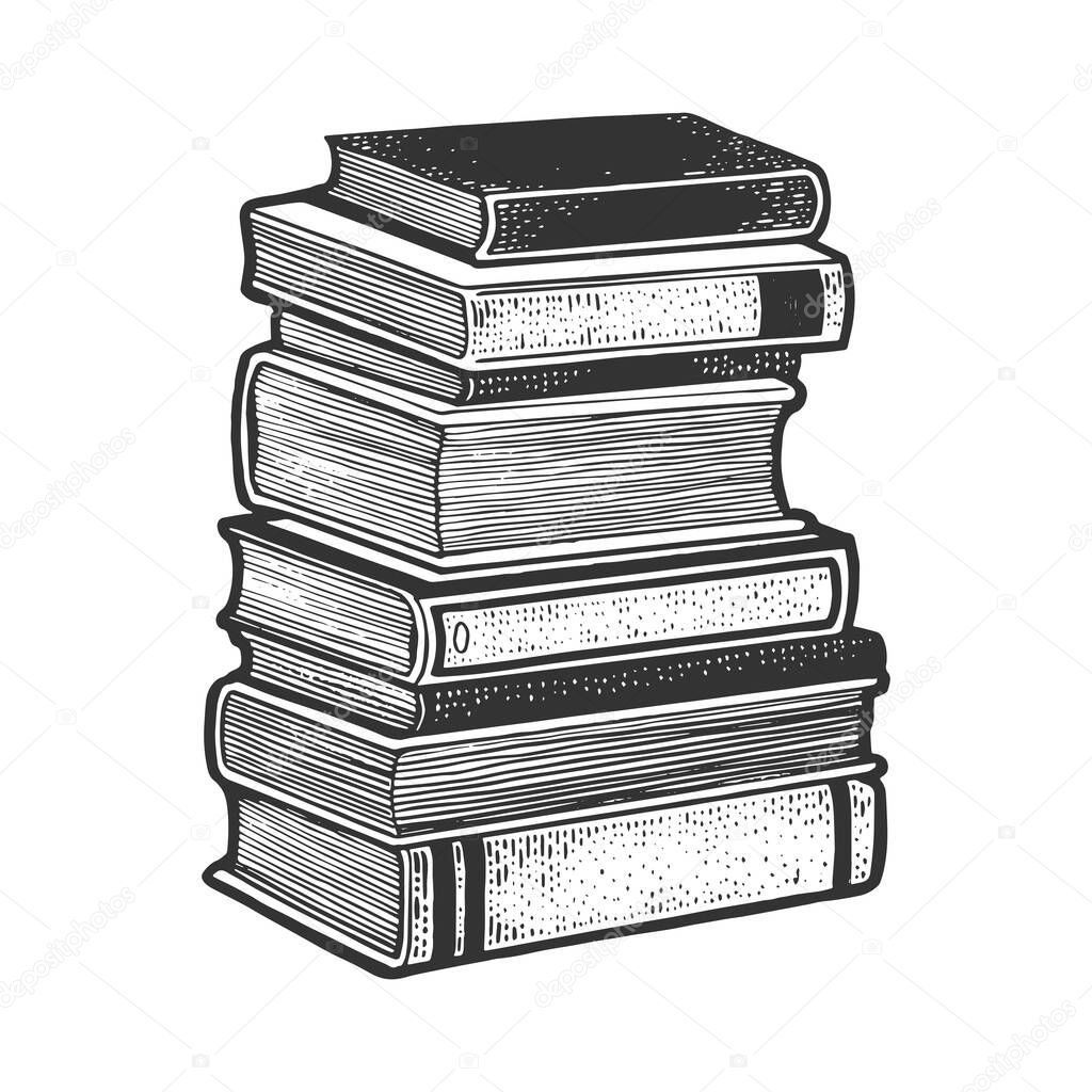 Stack of books sketch engraving vector illustration. T-shirt apparel print design. Scratch board imitation. Black and white hand drawn image.