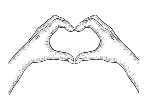 Mãos fazendo coração símbolo esboço gravura vetor ilustração. Amor romântico símbolo de amor de doença. T-shirt design de impressão de vestuário. Imitação de raspadinha. Imagem desenhada à mão preto e branco . —  Vetores de Stock