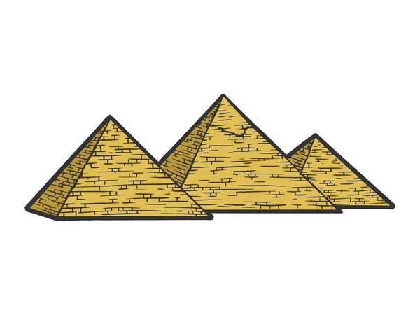 Egyptische piramides schetsen graveervector illustratie. T-shirt kleding print ontwerp. Scratch board stijl imitatie. Zwart en wit met de hand getekend afbeelding. — Stockvector