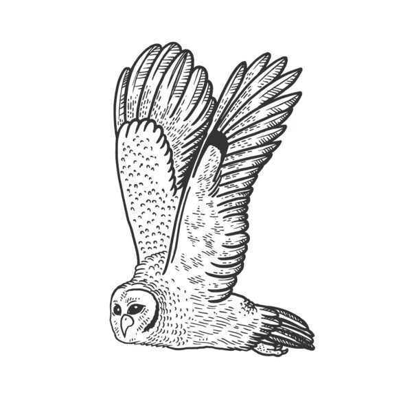Vliegende uil vogel dier schets graveren vector illustratie. T-shirt kleding print ontwerp. Scratch board stijl imitatie. Handgetekende afbeelding. — Stockvector