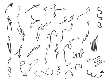 Doodle ok, kabartma vektör illüstrasyonunu ayarladı. Romantik aşk hastalığının sembolü. Tişört giysisi baskısı tasarımı. Çizik tahtası taklidi. Siyah beyaz el çizimi resim.