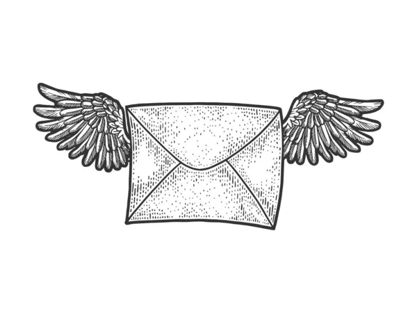 Brev meddelande flyger på vingar skiss gravyr vektor illustration. T-shirt kläder tryck design. Scratch board stil imitation. Handritad bild. — Stock vektor